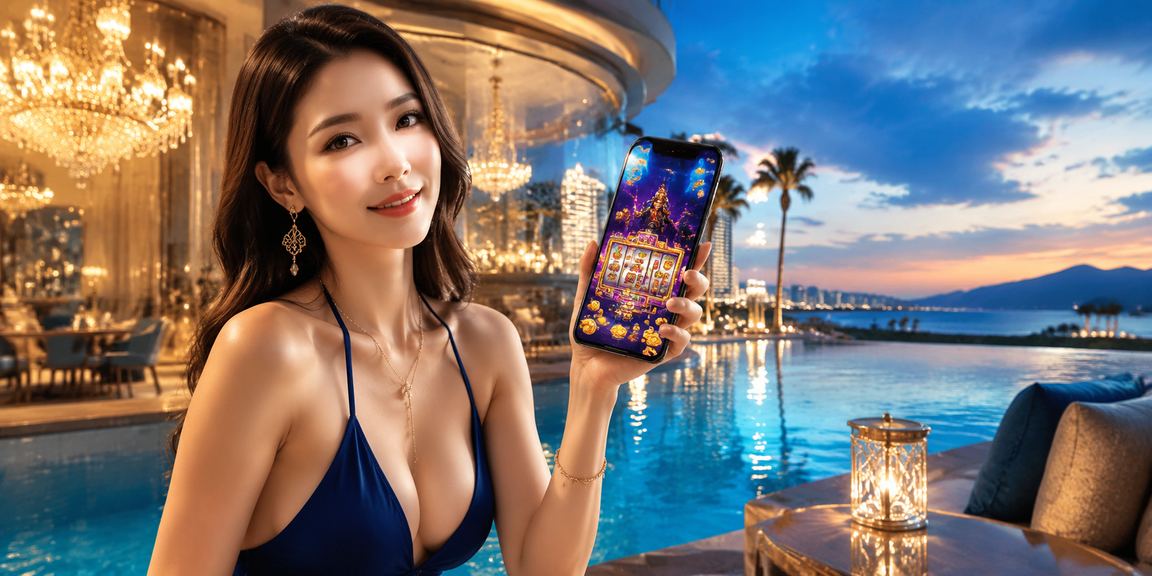 Người chơi slot game tại bãi biển Đà Nẵng với màn hình rực rỡ buổi chiều tối